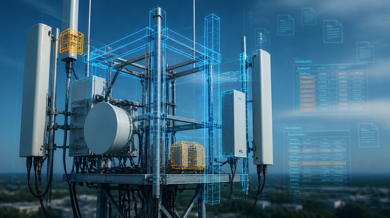 Mast-mounted telecoms equipment overlaid with a digital twin wireframe and AI-analysed inventory and drawing documents