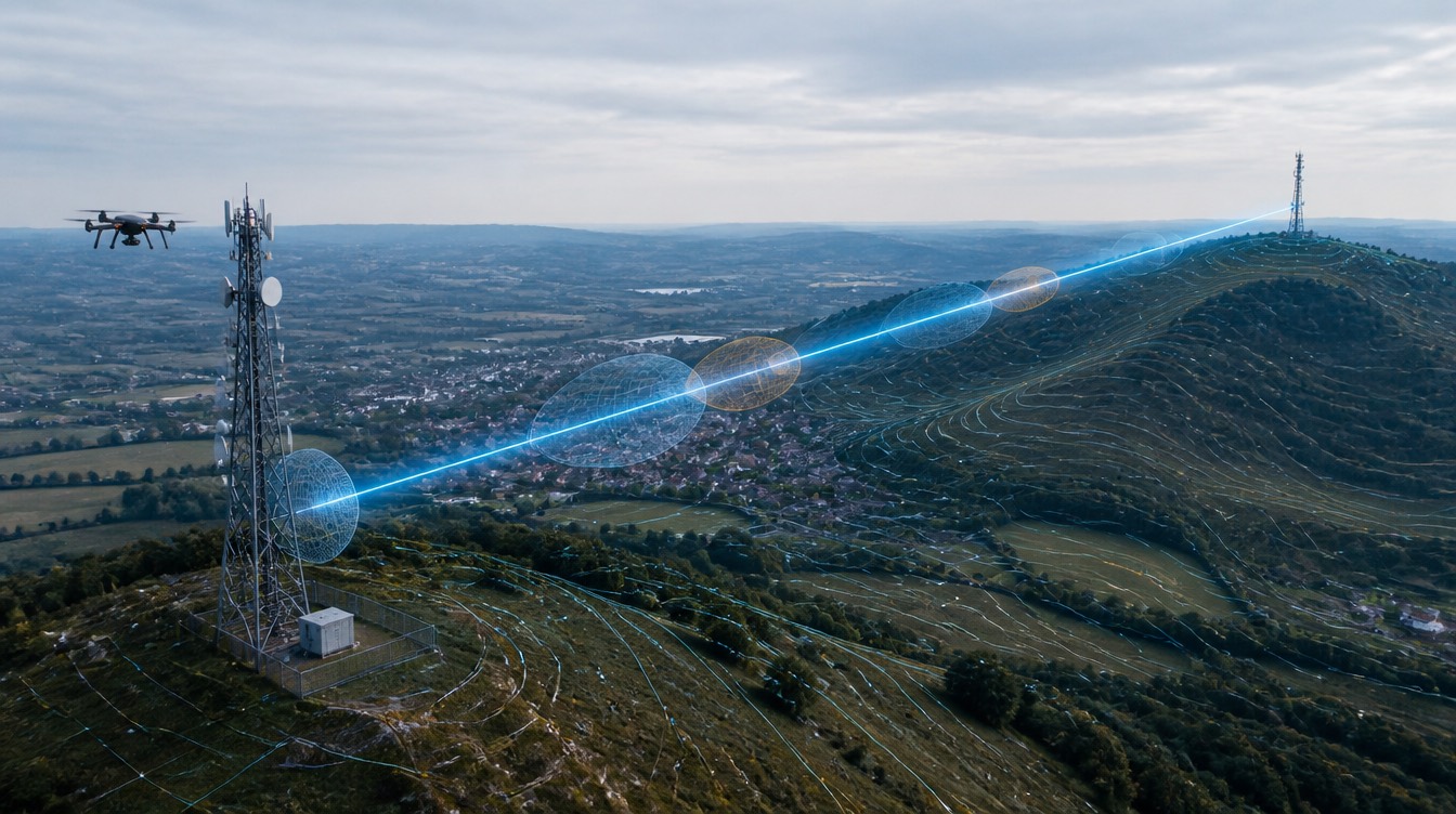 A UAV beside a telecoms mast with a visualised line-of-sight radio path stretching across a valley and town to a distant mast on a hilltop