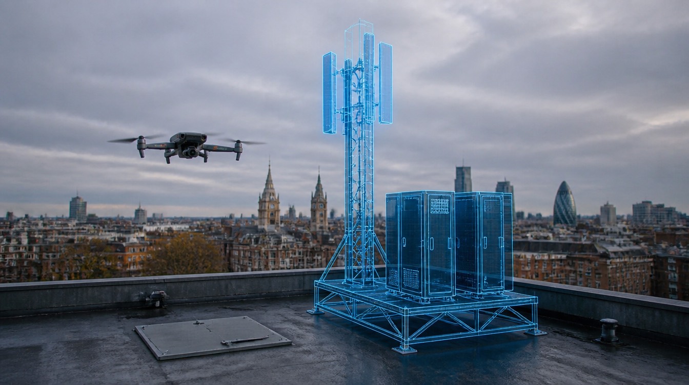 A UAV in flight beside a rooftop telecoms installation rendered as a digital twin wireframe over a city skyline