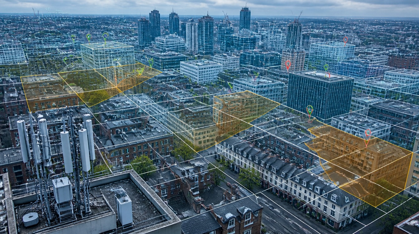 Aerial GIS visualisation of a city search area with mapped building footprints and site markers
