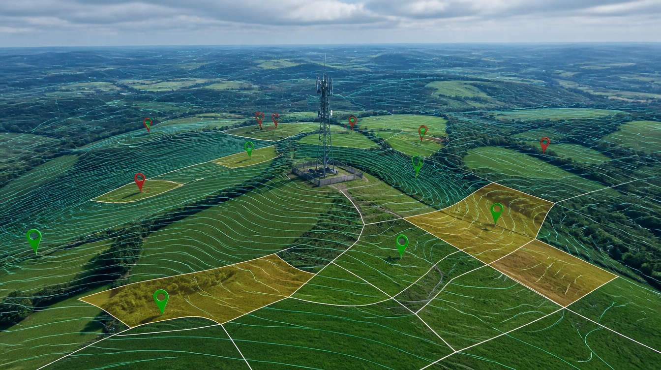 Aerial GIS visualisation of a rural search area with a telecoms mast, terrain contours and candidate site parcels mapped across the countryside