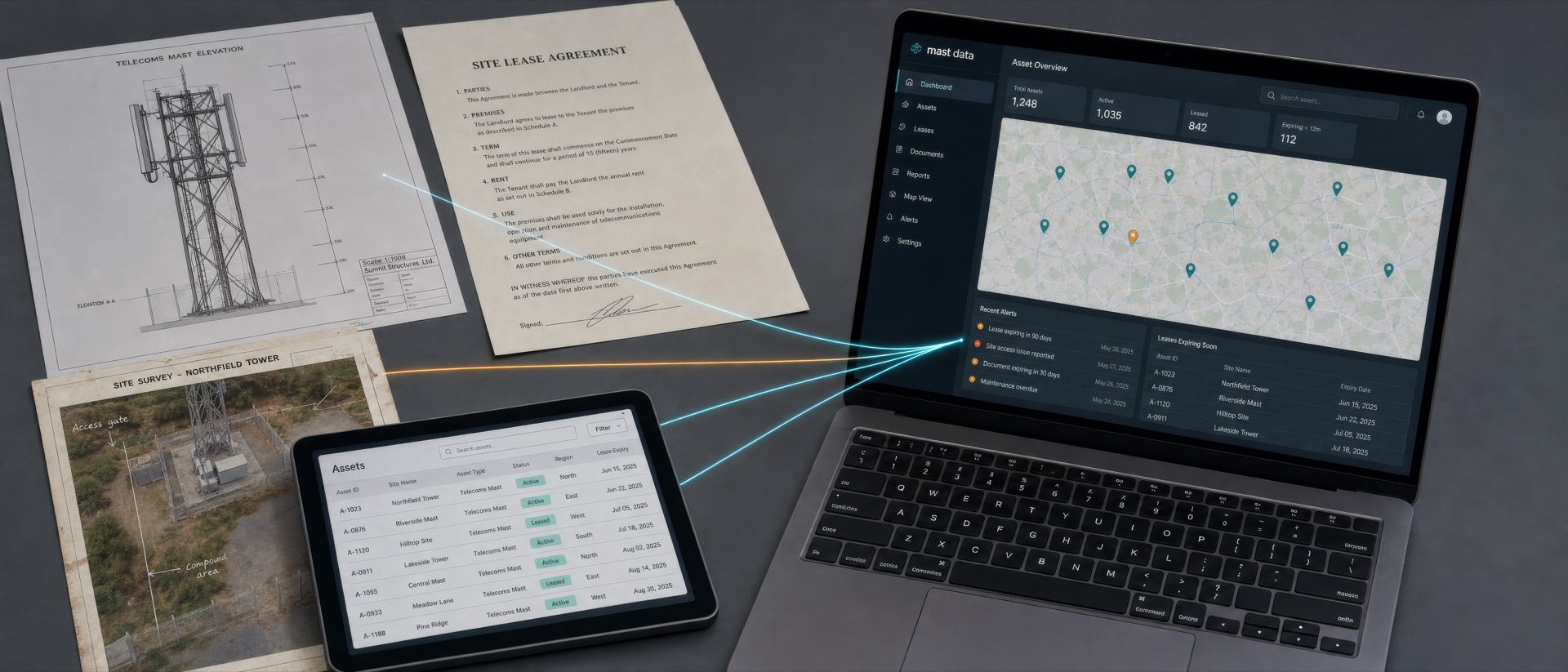 Site drawings, a lease agreement and a survey photo feeding into a digital asset management dashboard