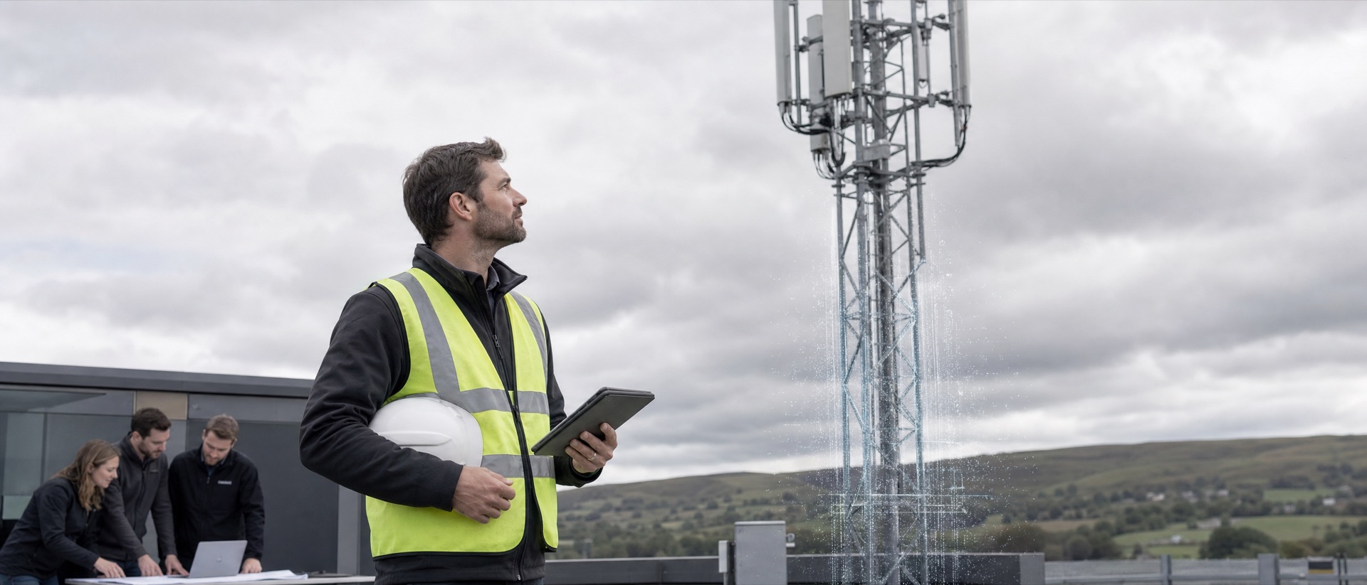 Field engineer reviewing a mast survey on site while colleagues review drawings in the background