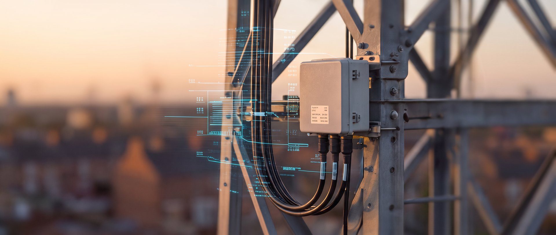 Close-up of telecoms equipment with digital twin data overlay