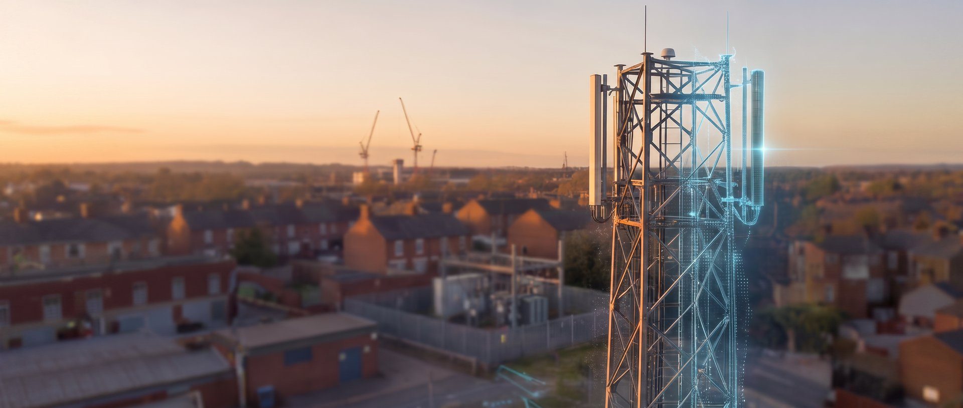 Telecoms mast at dusk, overlaid with a digital twin capture in progress