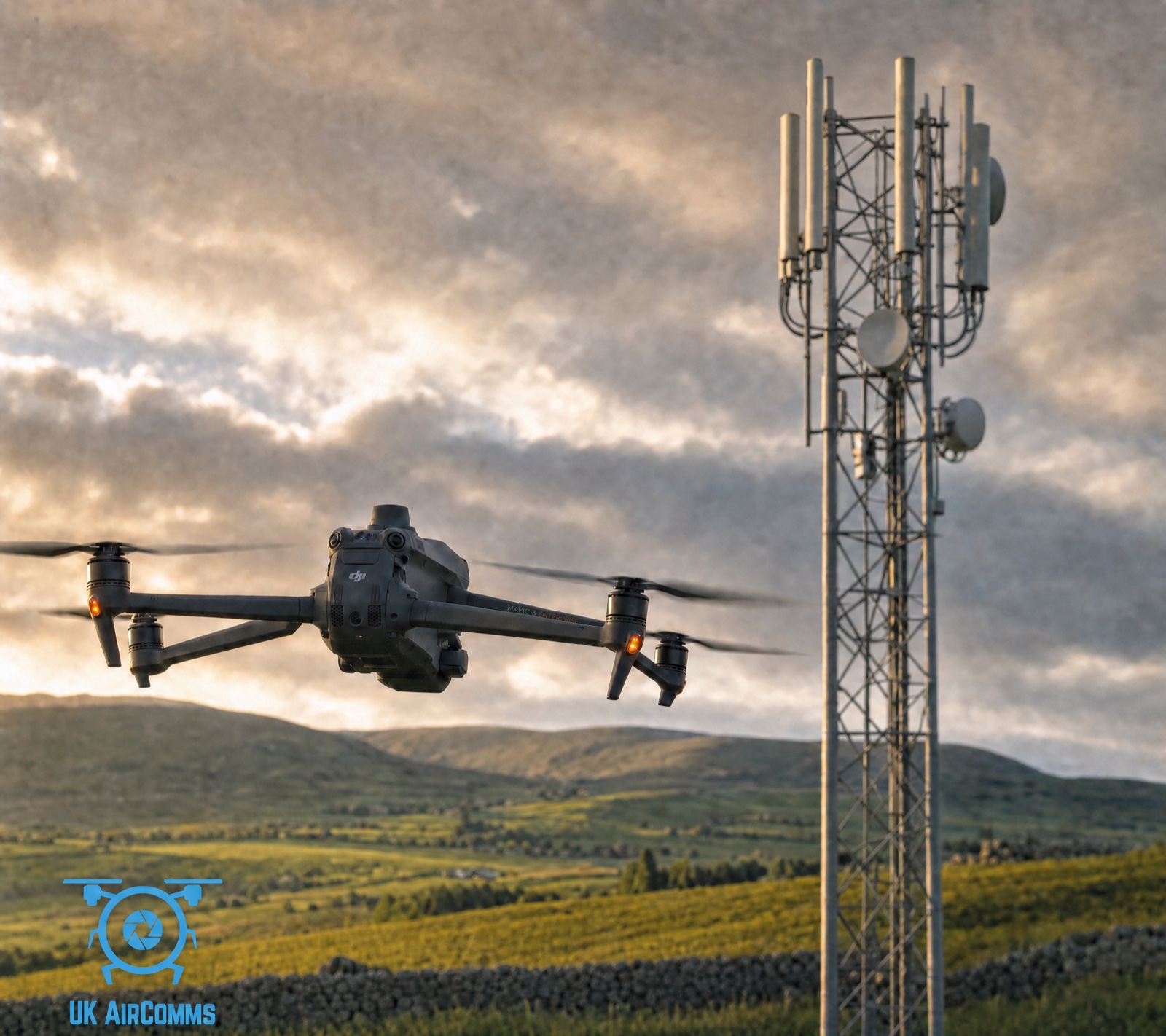 UK Air Comms drone in flight on a survey mission, capturing a telecoms mast at dusk